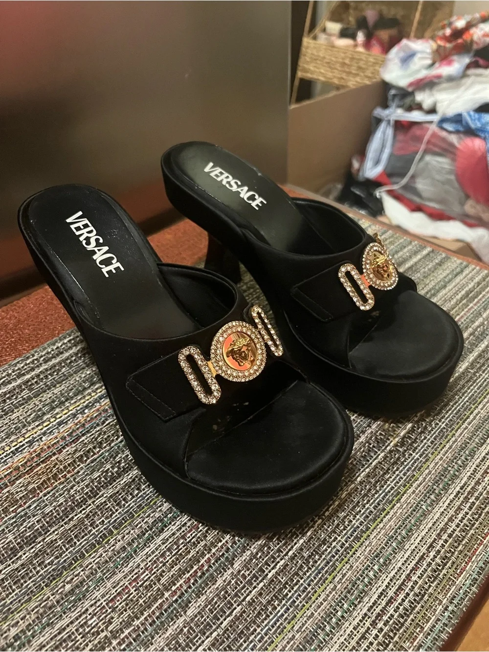 Versace Black Platform Slide Sandals with Gold Medallion Accent - Picture 4 of 8